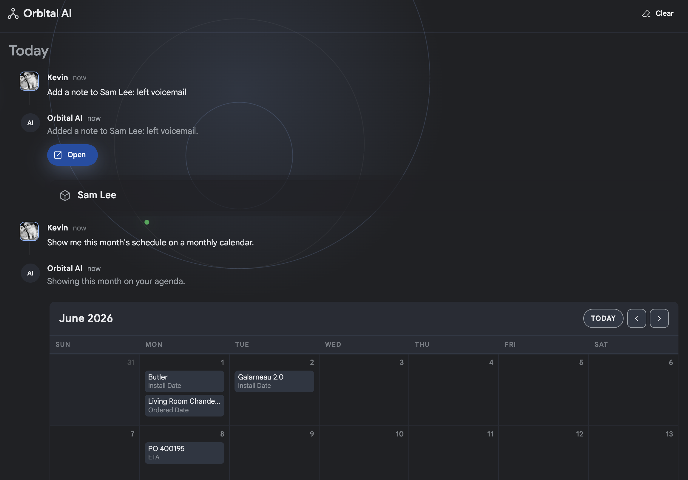 Orbital AI conversation with view blocks, record blocks, and rich text