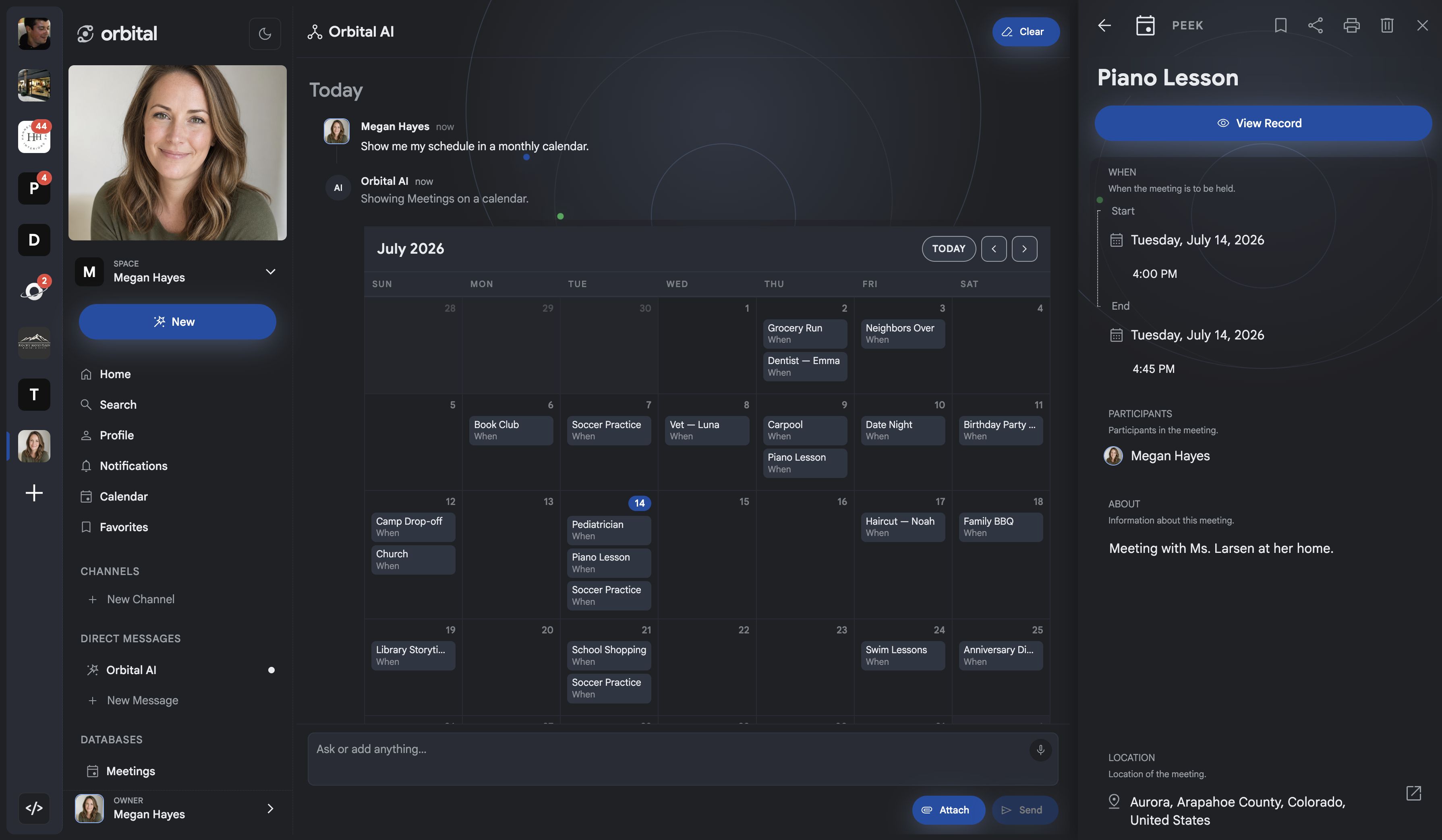 Orbital Ask conversation showing Megan Hayes' July calendar from natural language