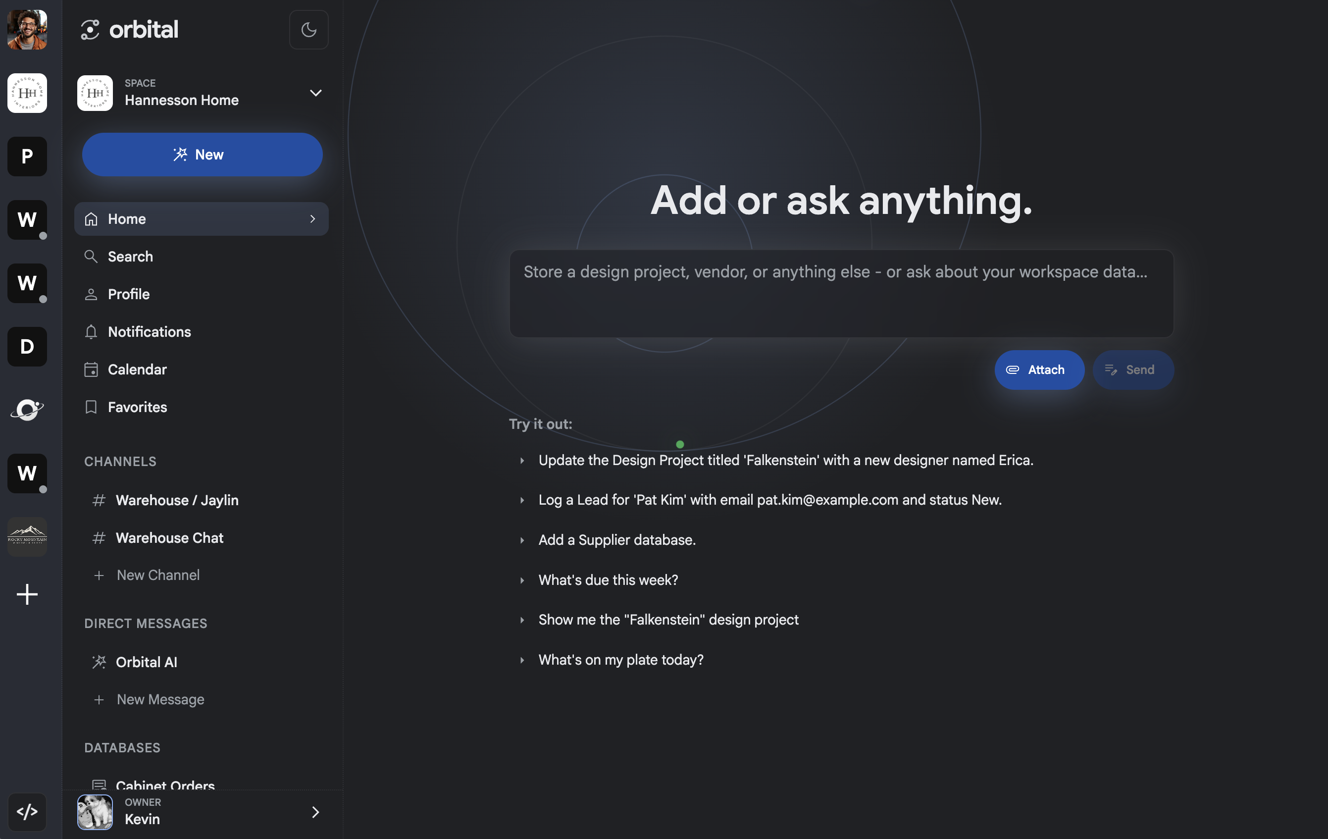 Orbital Spaces with databases, dashboards, channels, and pages open in the sidebar
